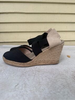Adrienne Vittadini Black and Beige Espadrille Wedge Sandals